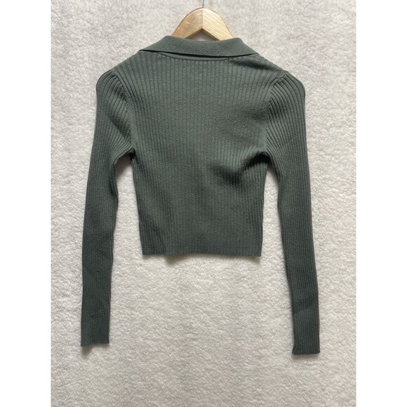Aerie Ribbed Knit Button-Up Long Sleeve Crop Top SZ XS Minimalist Academia Green - Picture 7 of 8